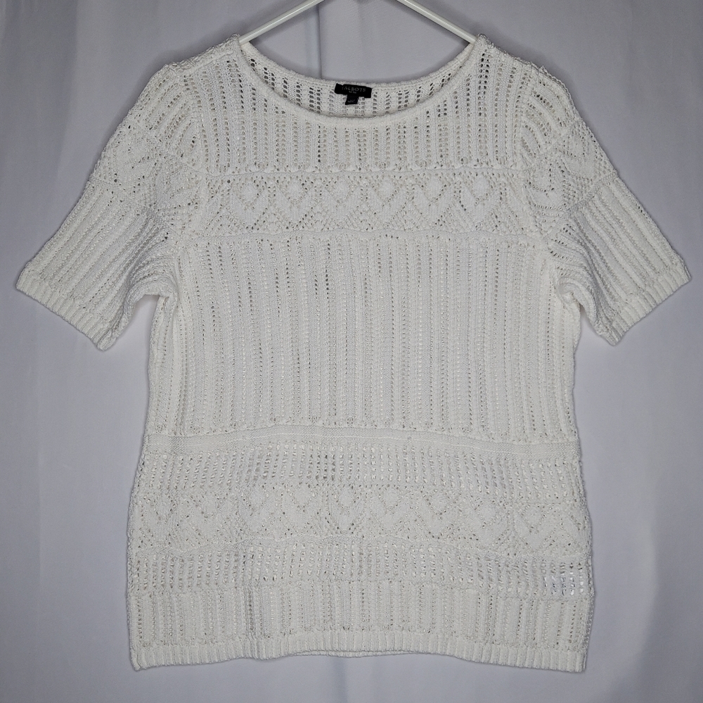 Talbots Short Sleeve Sweater Women Petite Large Cream‎ Cotton Open Lacy Knit